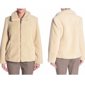 Sebby collection cream teddy coat faux fur front zipper women's size medium
